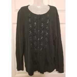 CJ Banks Women's Cardigan Knit Size 1X Beaded Ruffle Green Long Sleeve Elegant